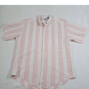 Vtg GAP Short Sleeve Button Down Shirt Wide Vertical Stripes Pink White Med 90s